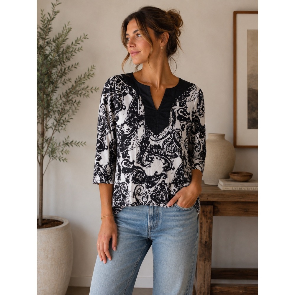 Lauren Ralph Lauren Black White Paisley Split Neck 3/4 Sleeve Cotton Top L N78